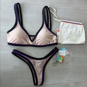 ADG Swimwear Scrunch Bikini Tan/Black/Purple Trim NWT Size M